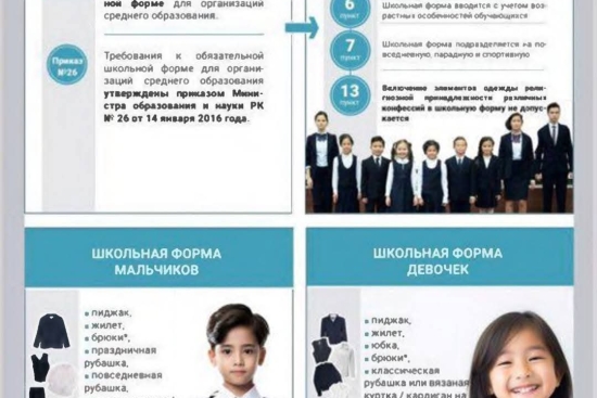 Школьная форма 4 марта, 2024 «В соответствии с приказом Министра образования и науки Республики Казахстан от 14 января 2016 года №26 утверждены Требования к обязательной школьной форме для организаций среднего образования.  Обязательная школьная форма  КГ